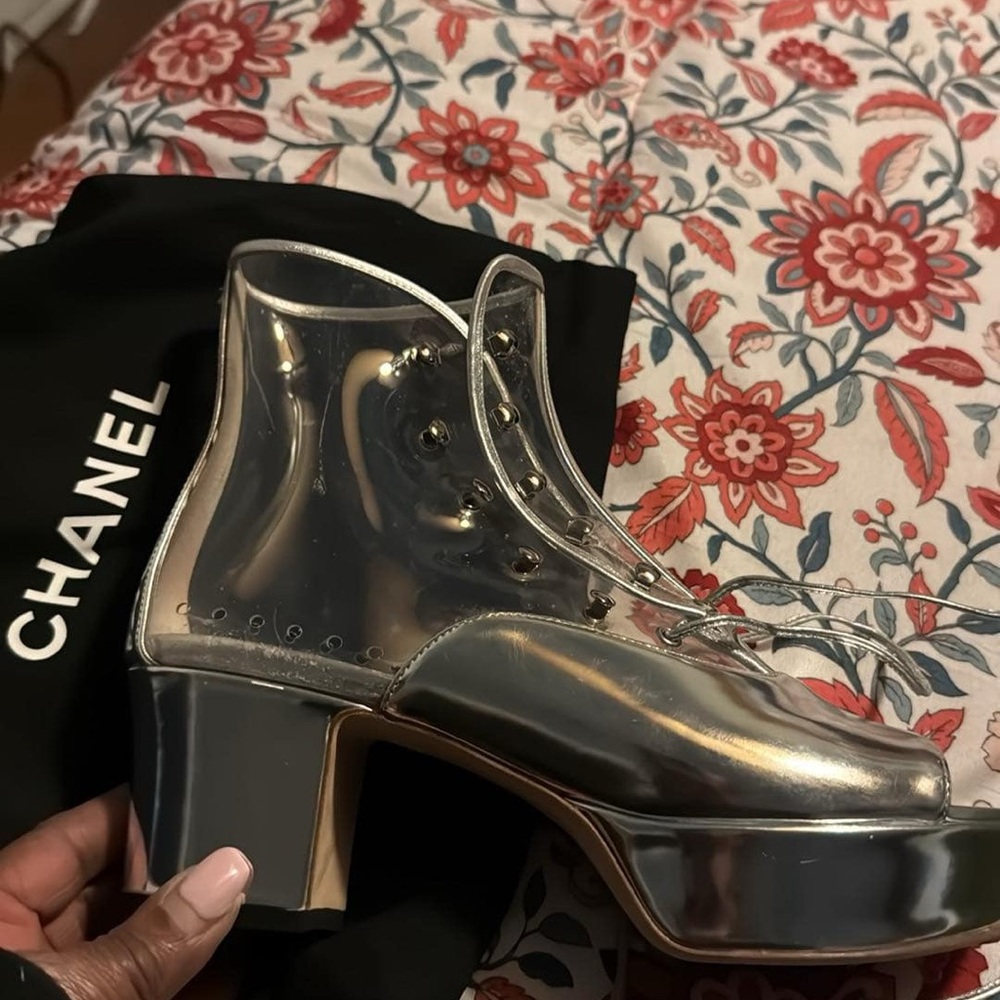 CHANEL Silver Heeled Boots with Transparent Design